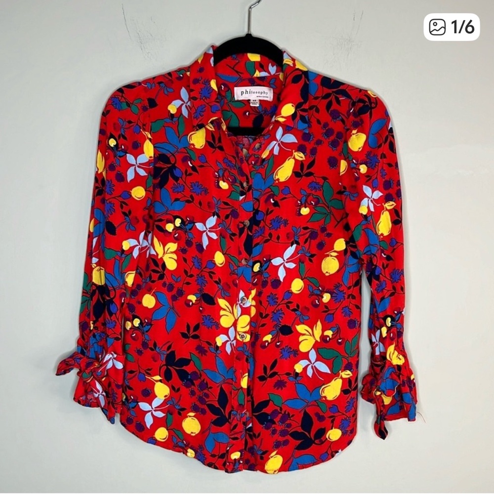 Philosophy small bright colorful floral fruit button down blouse shirt